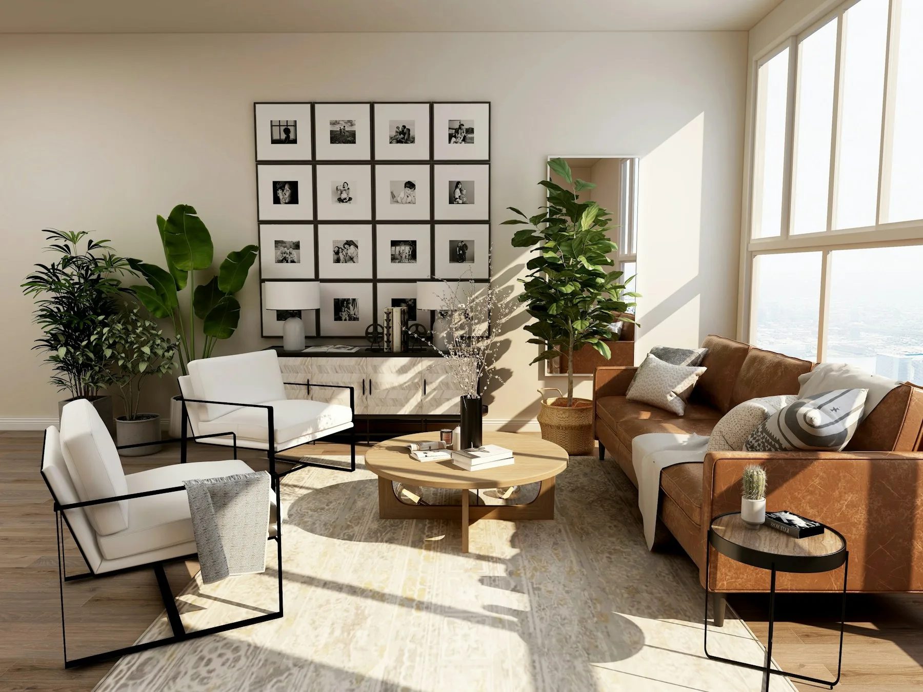 Light-filled contemporary living room with natural materials